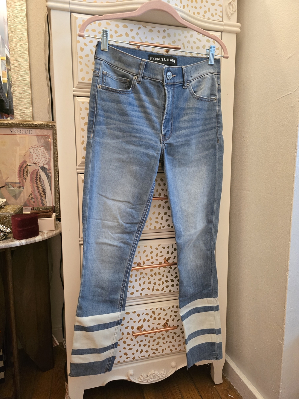 Express Light Blue Skinny Jeans with Striped Hem